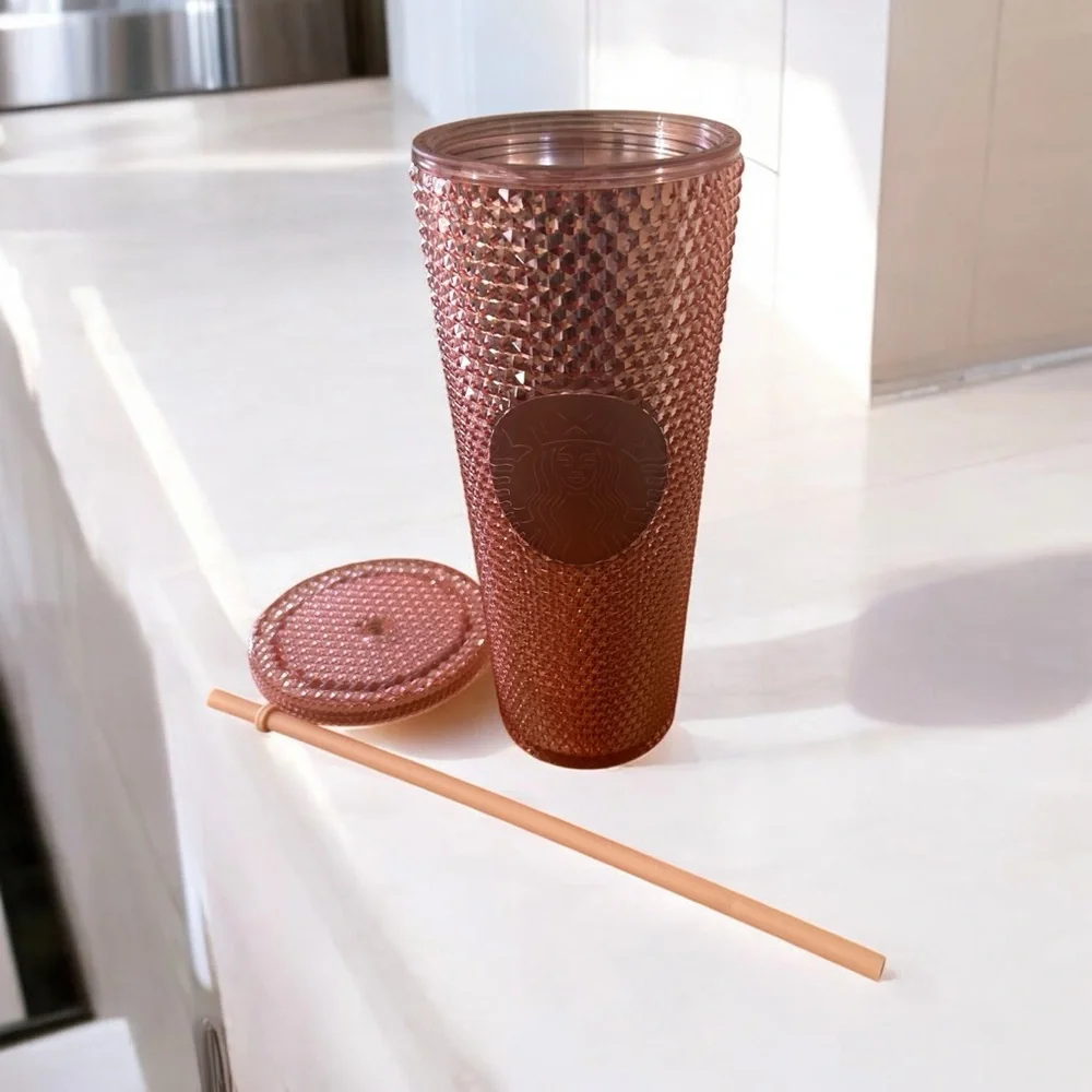 STARBUCKS Cold Cup Tumbler Rose Gold Studded Holograph Venti 24oz Spike 2019